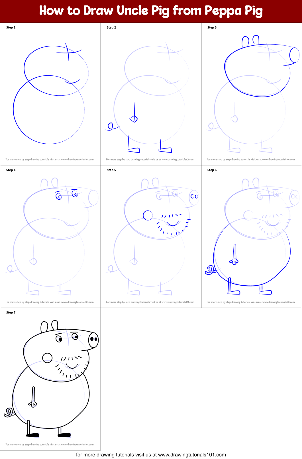 How to Draw Uncle Pig from Peppa Pig Printable Step by Step