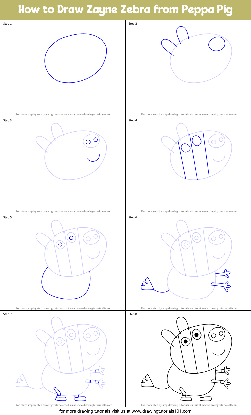 How to Draw Zayne Zebra from Peppa Pig Printable Step by Step