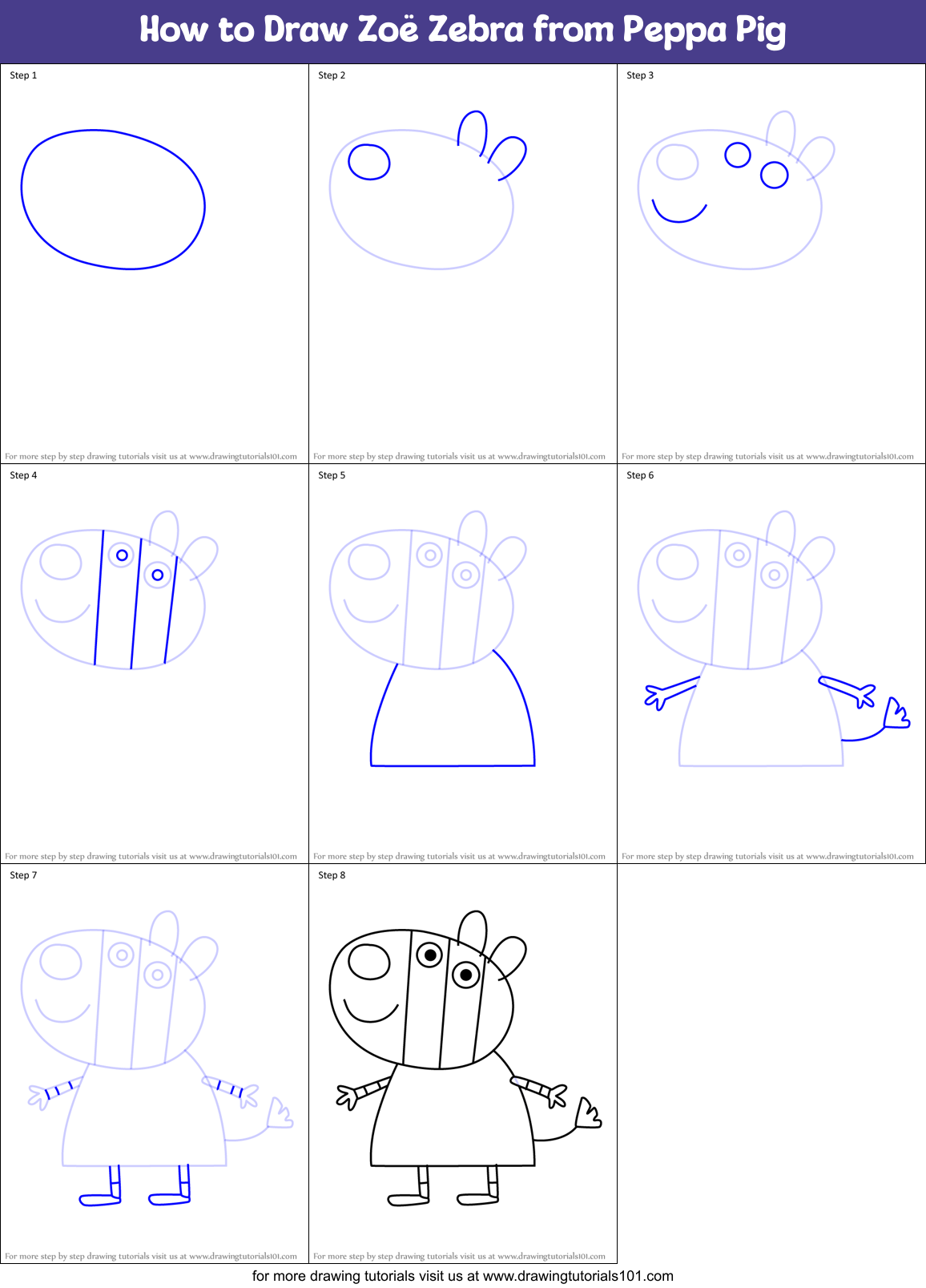 How to Draw Zoë Zebra from Peppa Pig Printable Step by Step