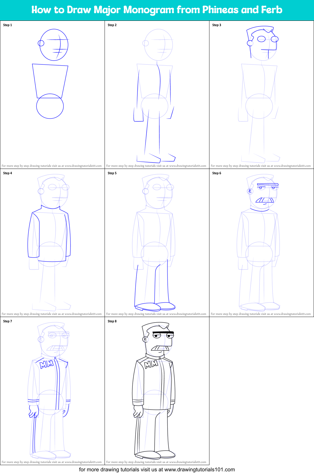 How to Draw Major Monogram from Phineas and Ferb Printable Step by Step
