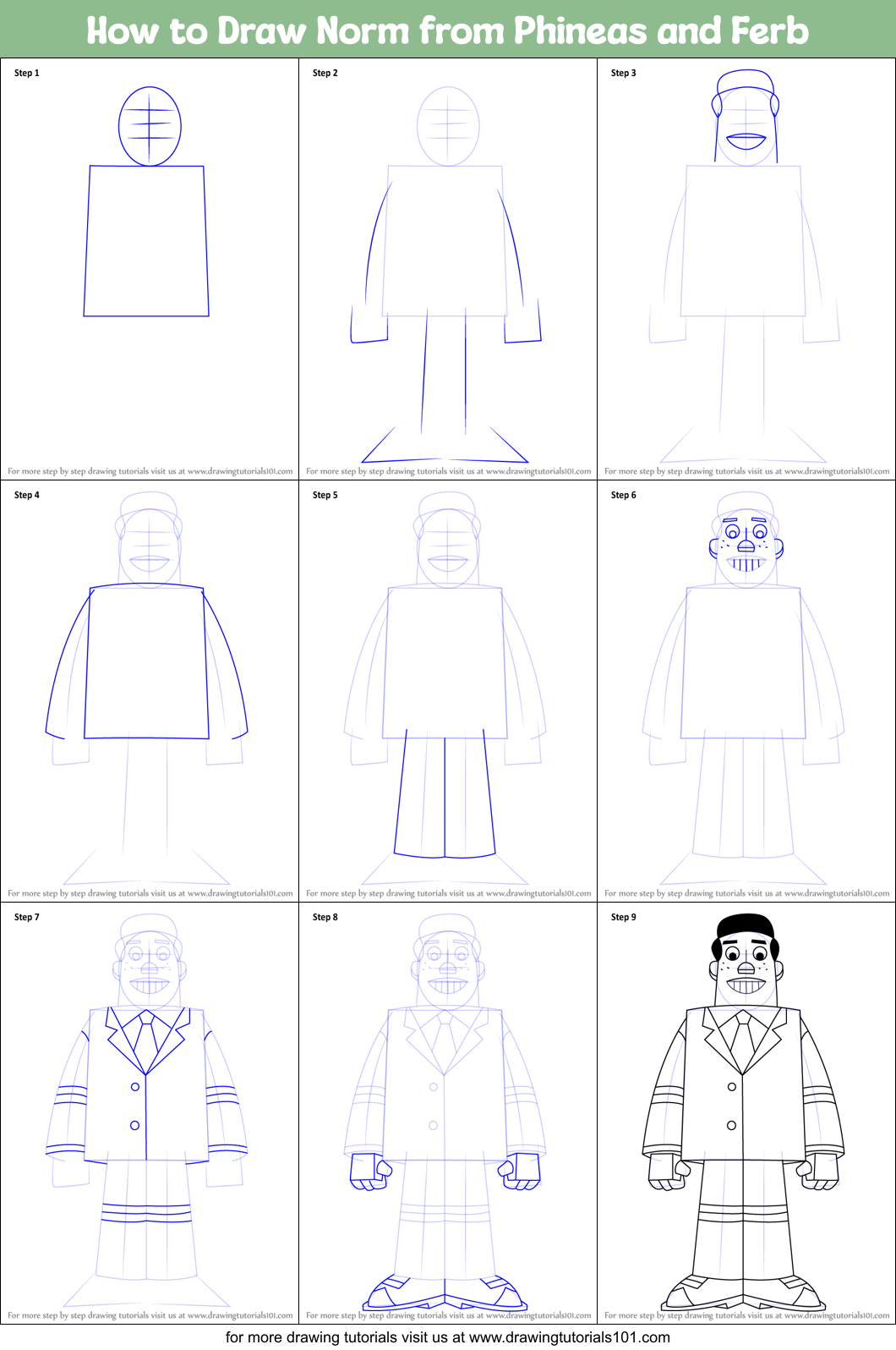 How to Draw Norm from Phineas and Ferb Printable Step by Step