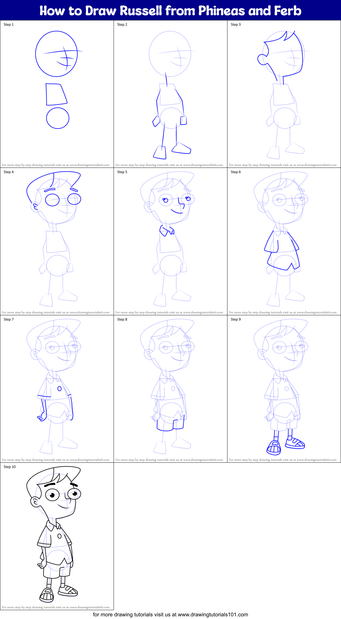 How to Draw Russell from Phineas and Ferb Printable Step by Step