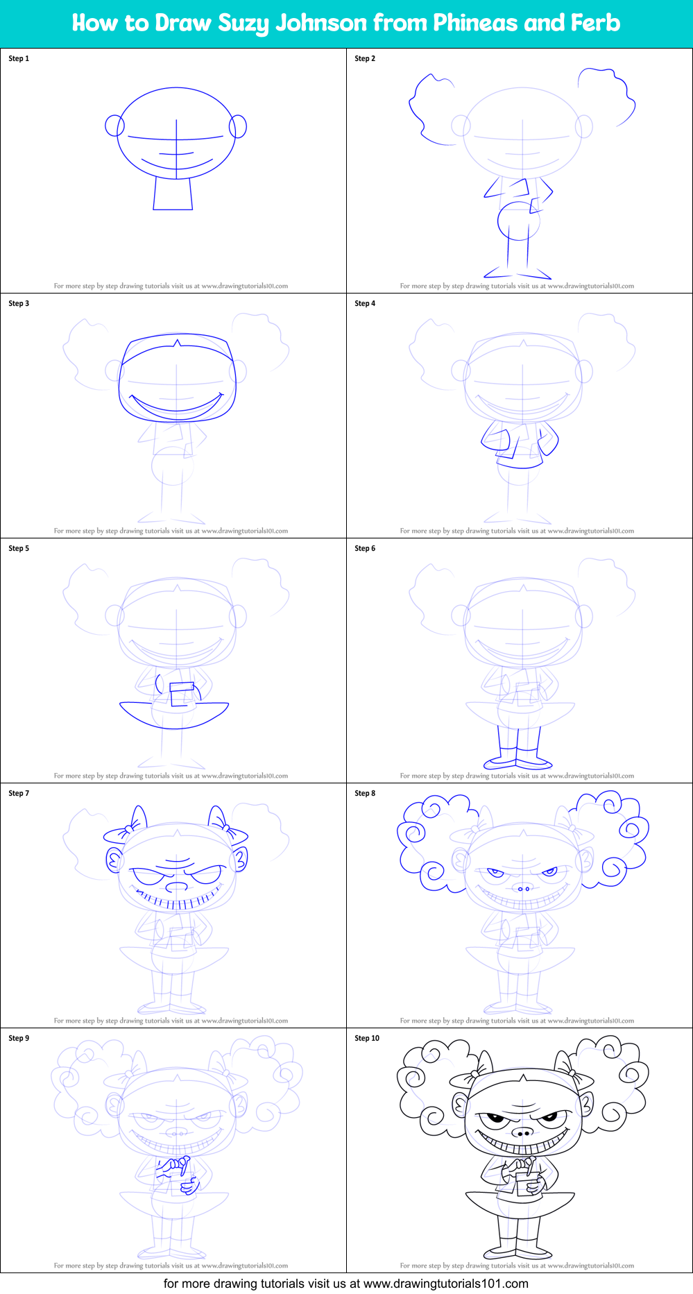 How to Draw Suzy Johnson from Phineas and Ferb Printable Step by Step