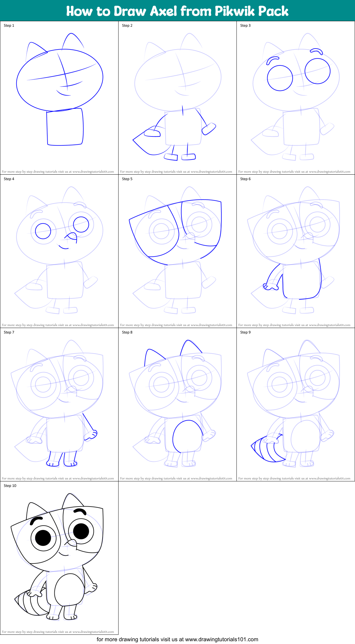 How to Draw Axel from Pikwik Pack Printable Step by Step