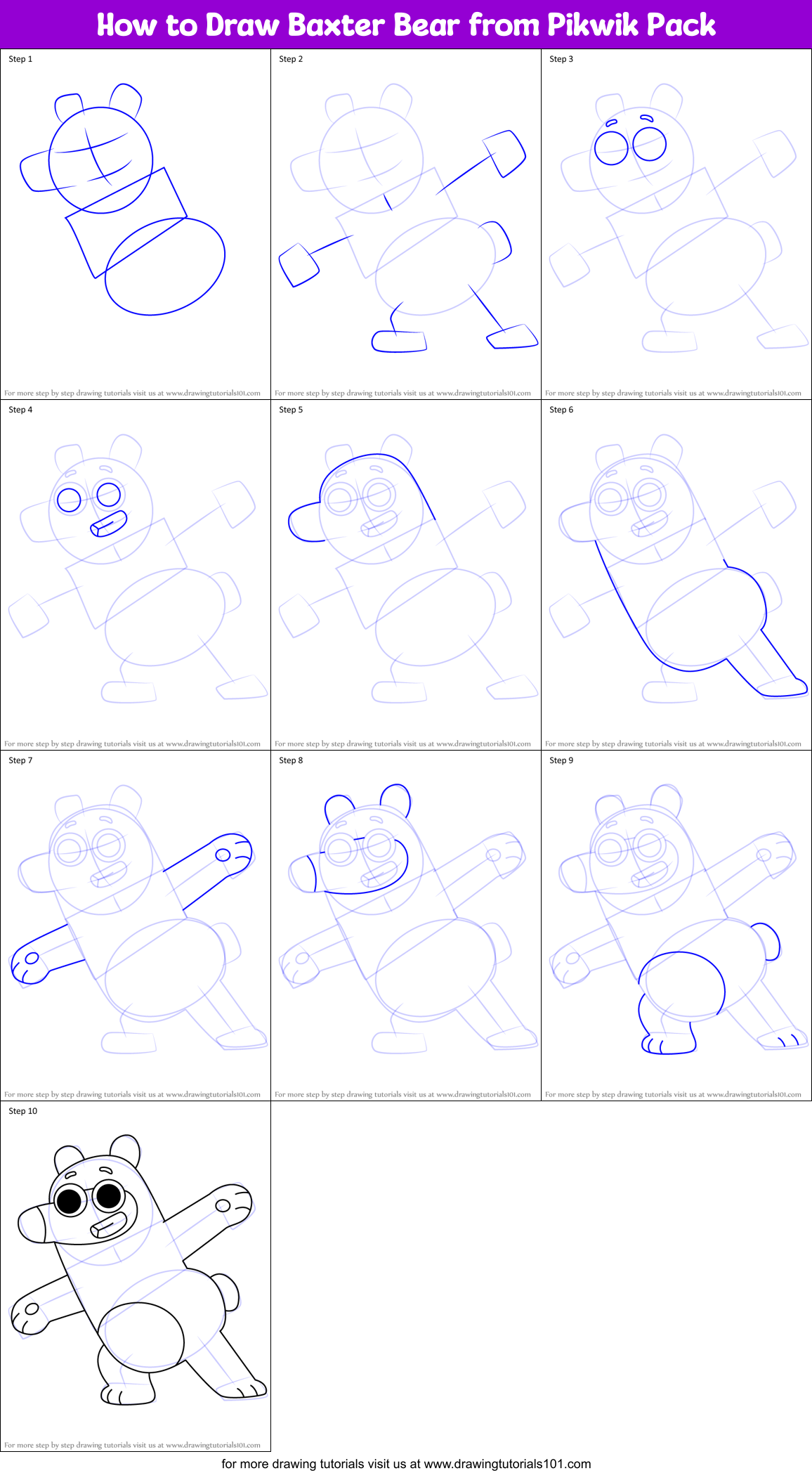 How to Draw Baxter Bear from Pikwik Pack Printable Step by Step