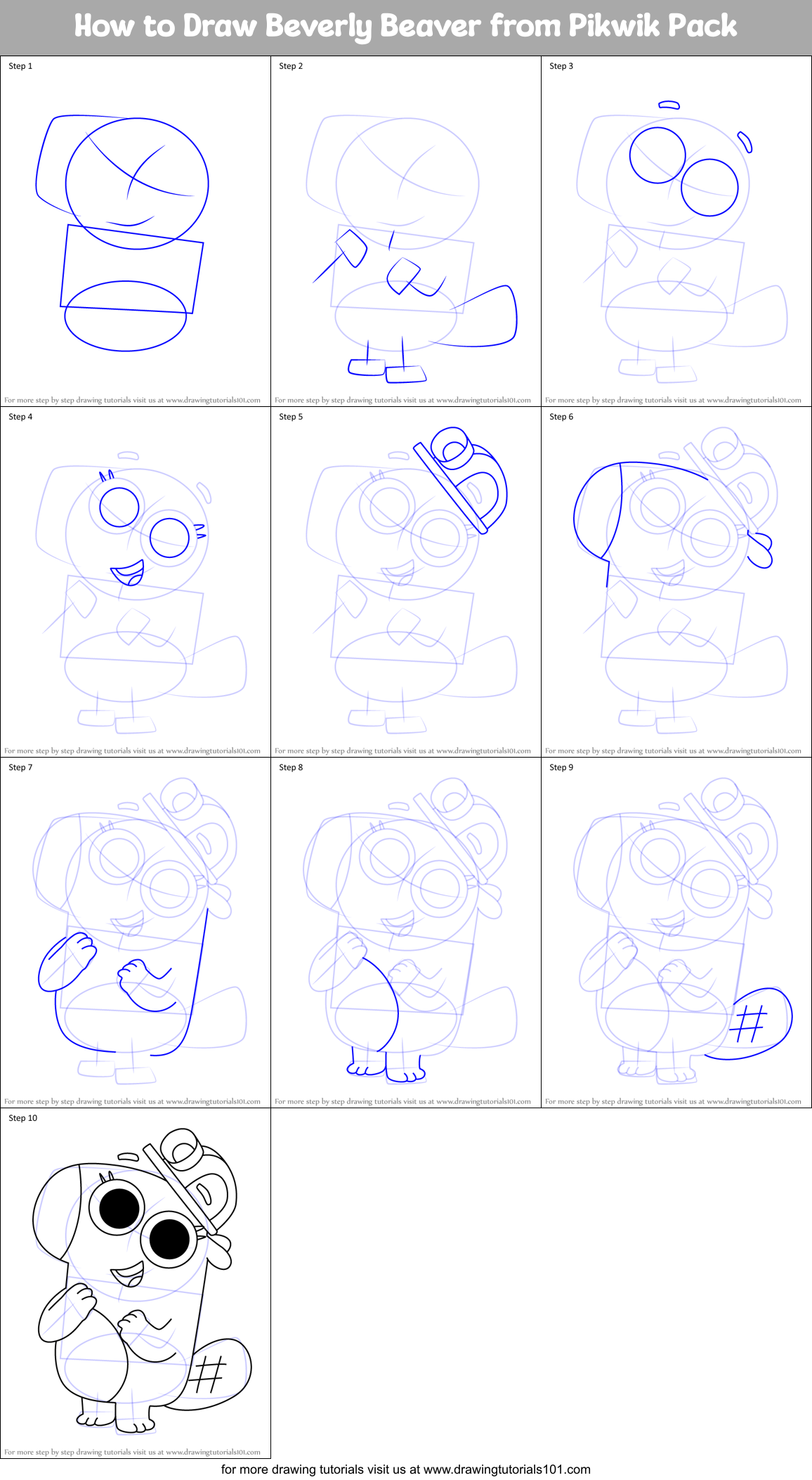 How to Draw Beverly Beaver from Pikwik Pack Printable Step by Step