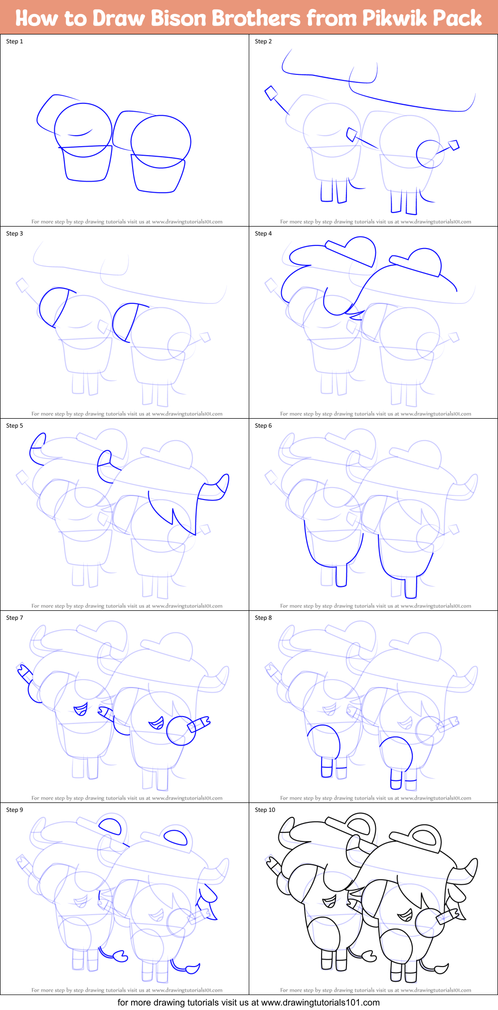 How to Draw Bison Brothers from Pikwik Pack Printable Step by Step