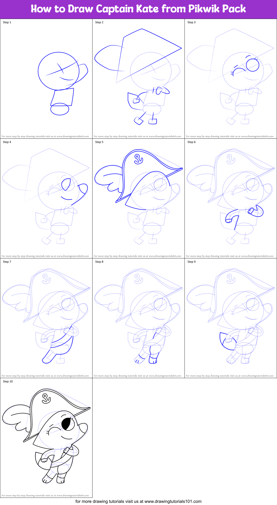 How to Draw Captain Kate from Pikwik Pack Printable Step by Step