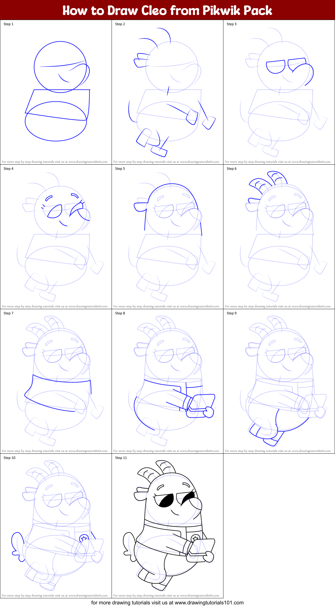 How to Draw Cleo from Pikwik Pack Printable Step by Step