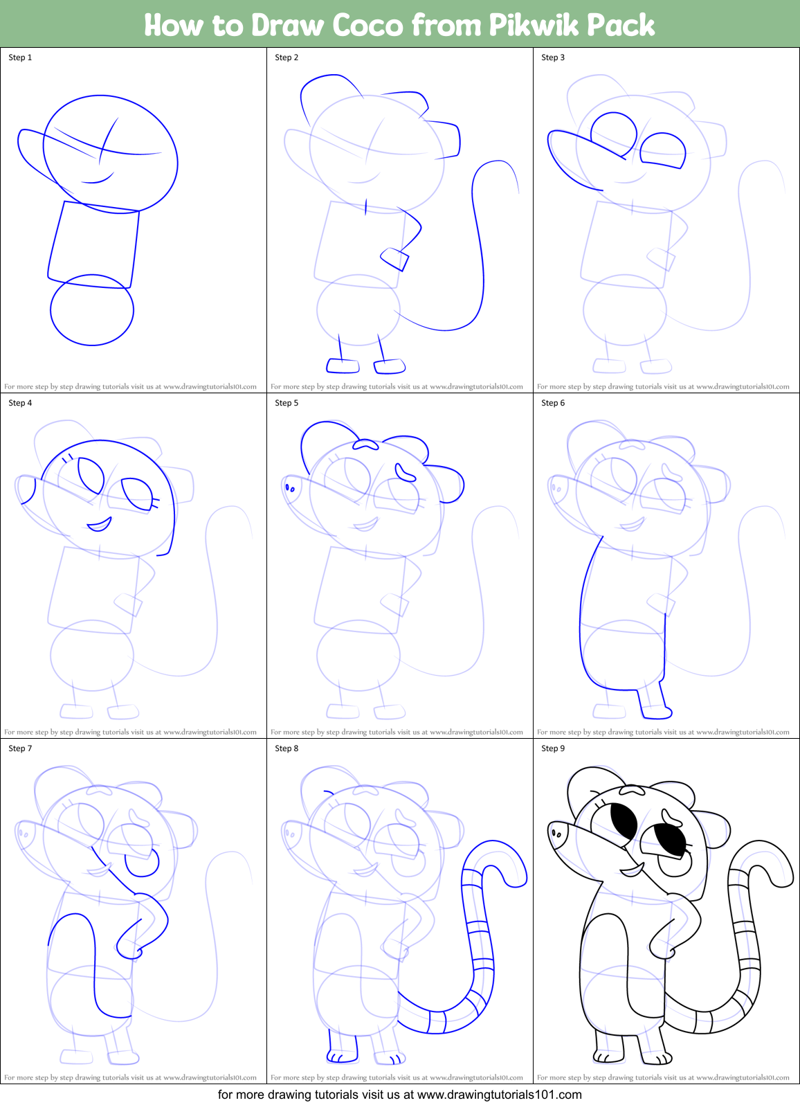 How to Draw Coco from Pikwik Pack Printable Step by Step