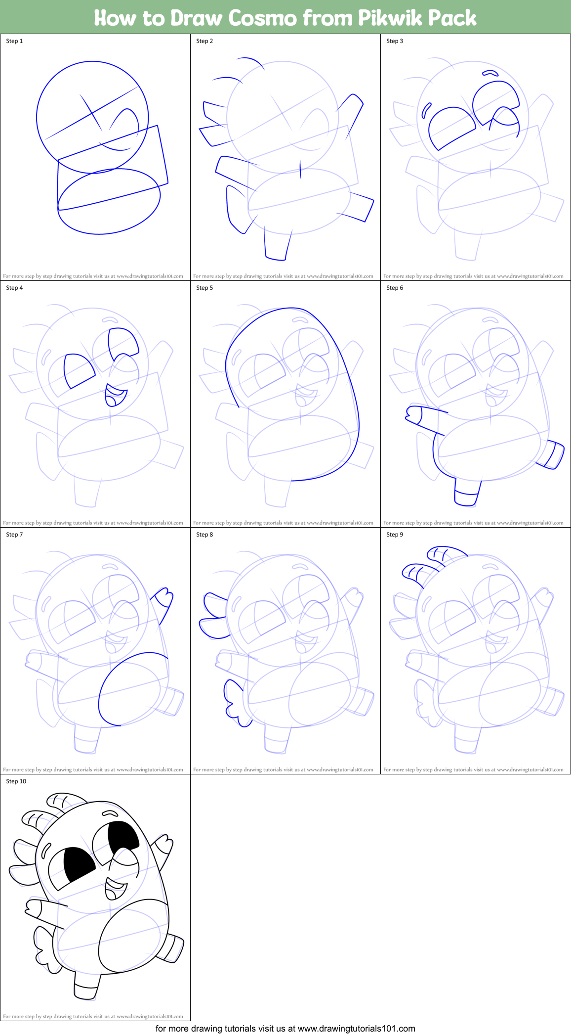 How to Draw Cosmo from Pikwik Pack Printable Step by Step