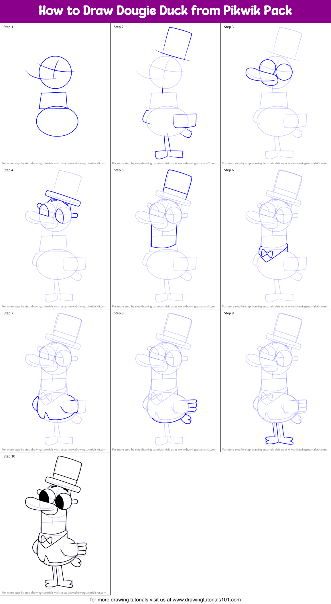 How to Draw Dougie Duck from Pikwik Pack Printable Step by Step