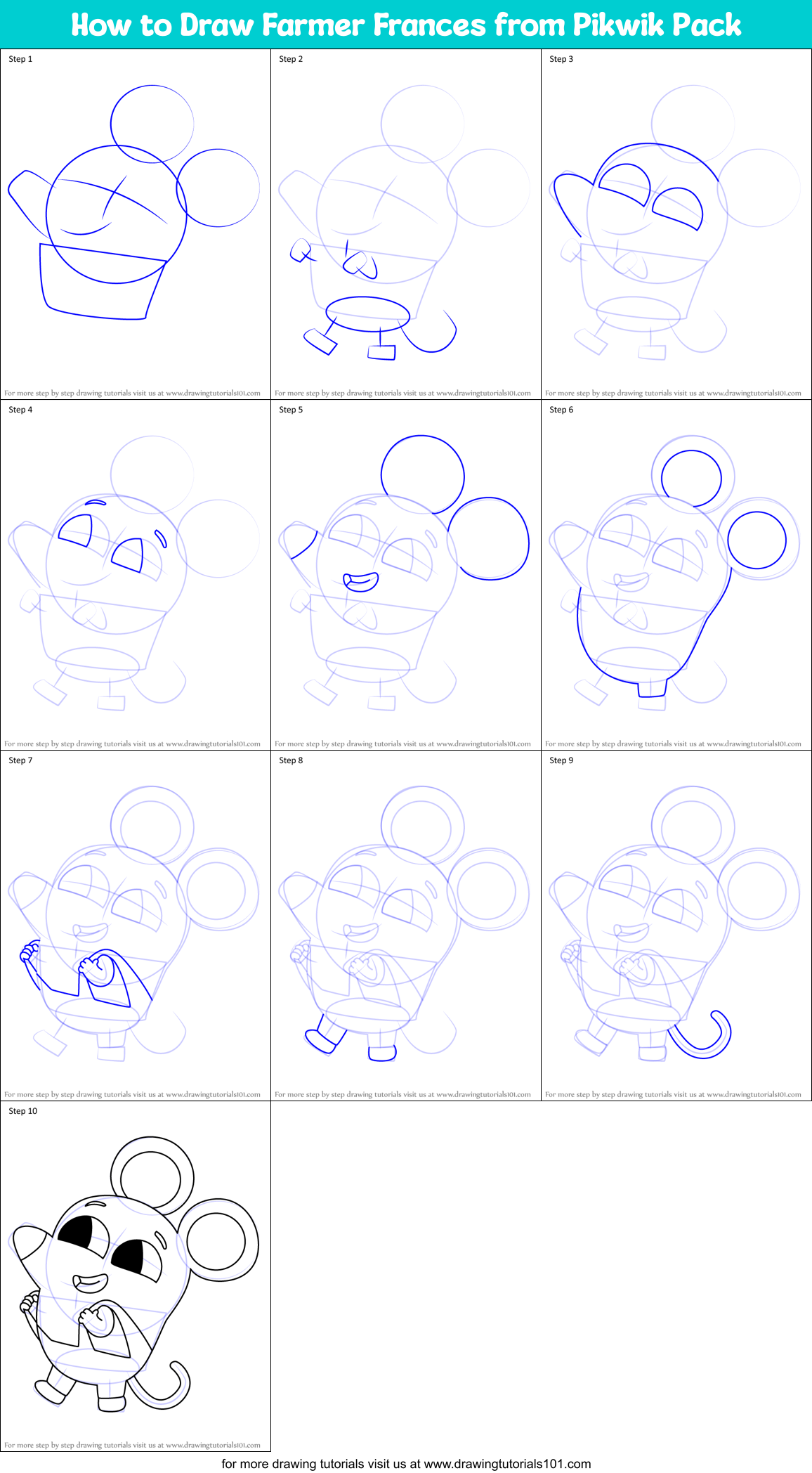 How to Draw Farmer Frances from Pikwik Pack Printable Step by Step