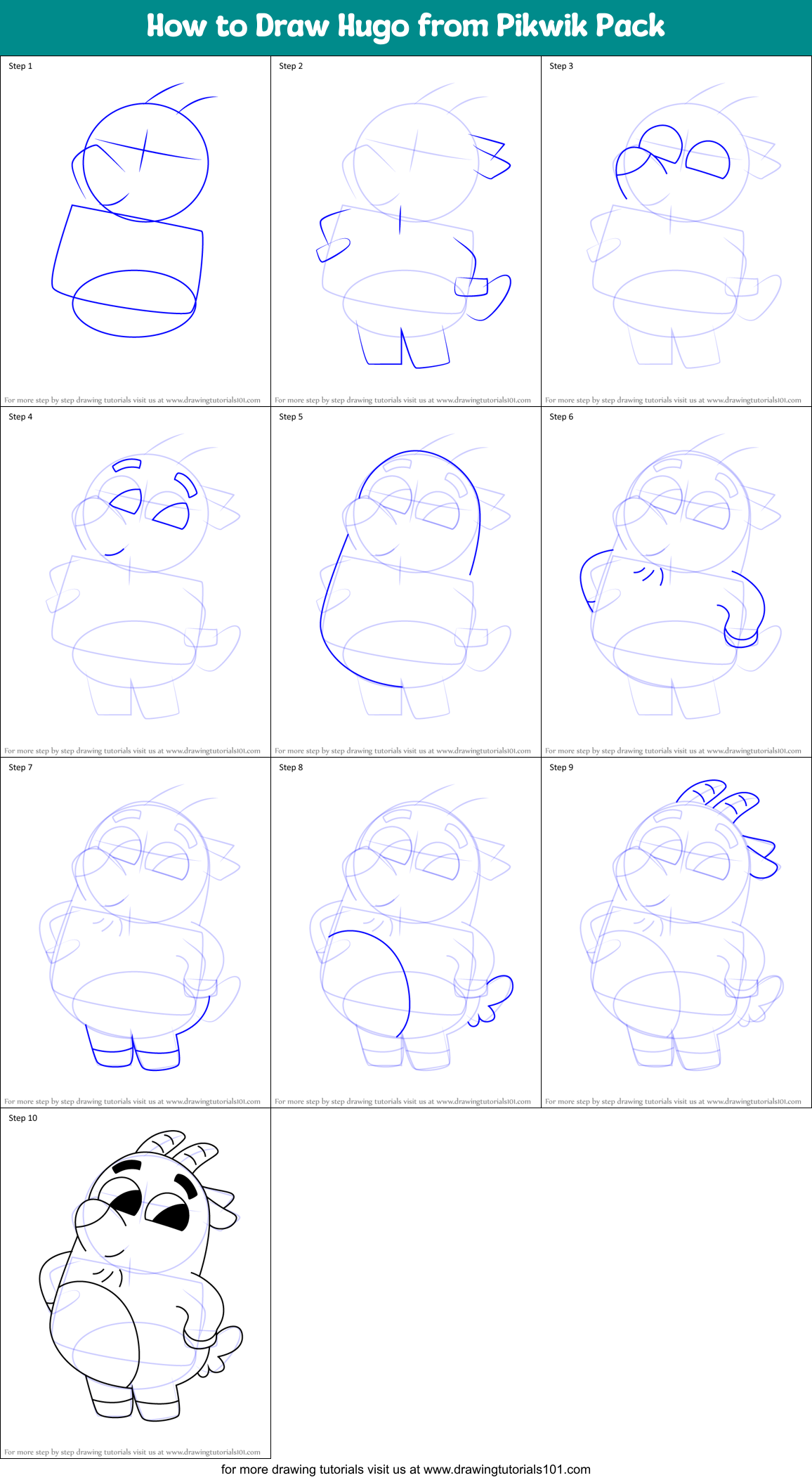 How to Draw Hugo from Pikwik Pack Printable Step by Step