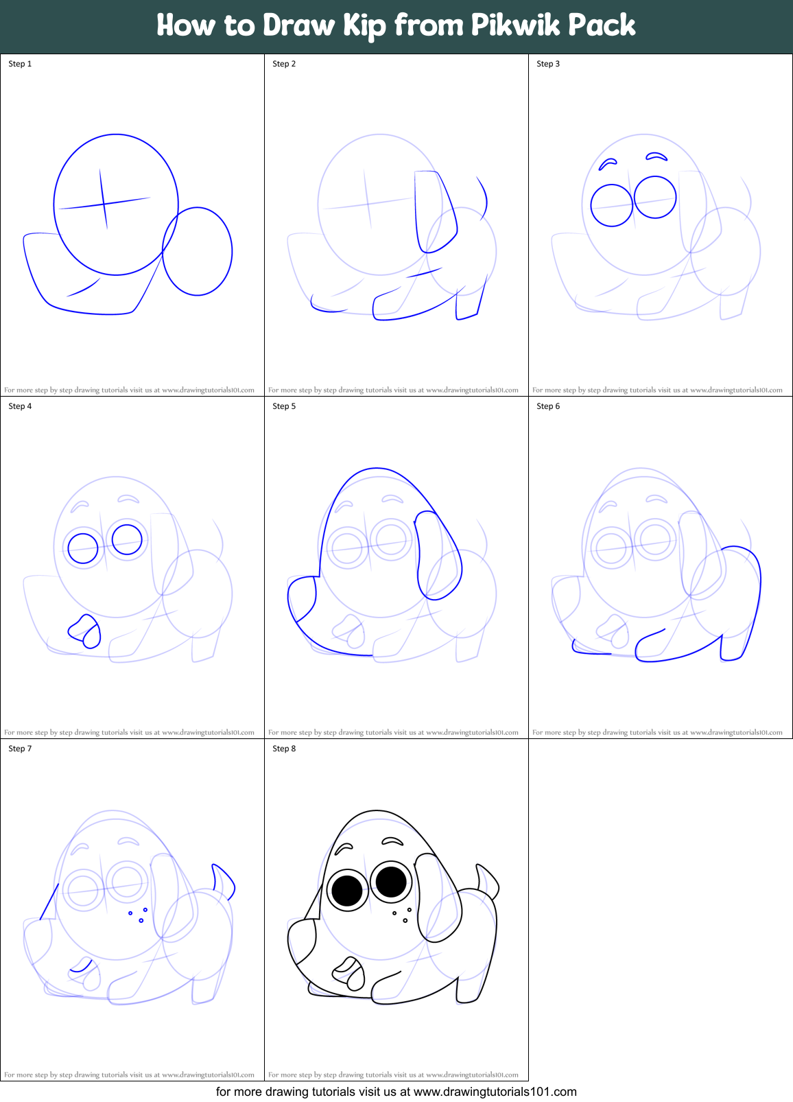 How to Draw Kip from Pikwik Pack Printable Step by Step