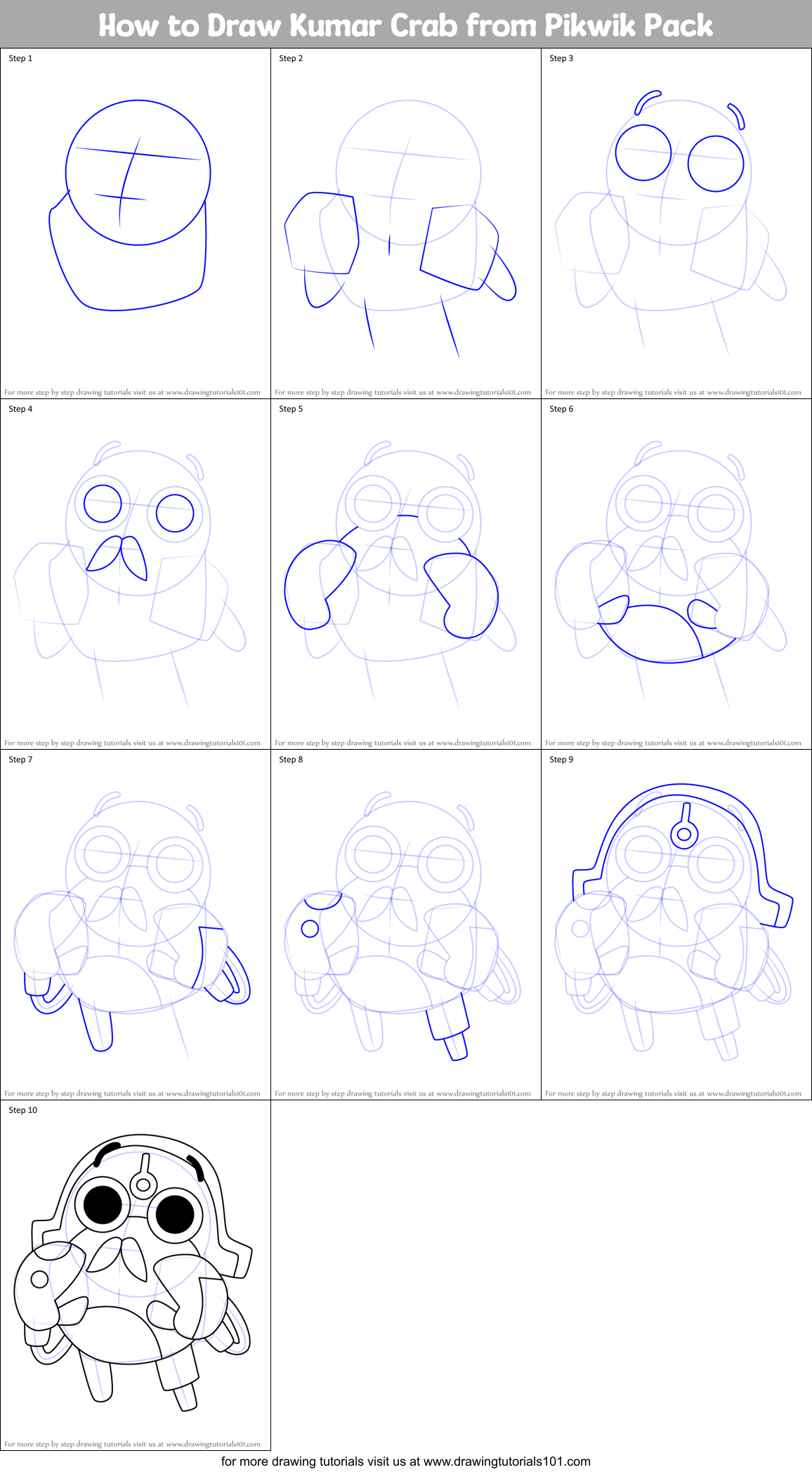 How to Draw Kumar Crab from Pikwik Pack Printable Step by Step