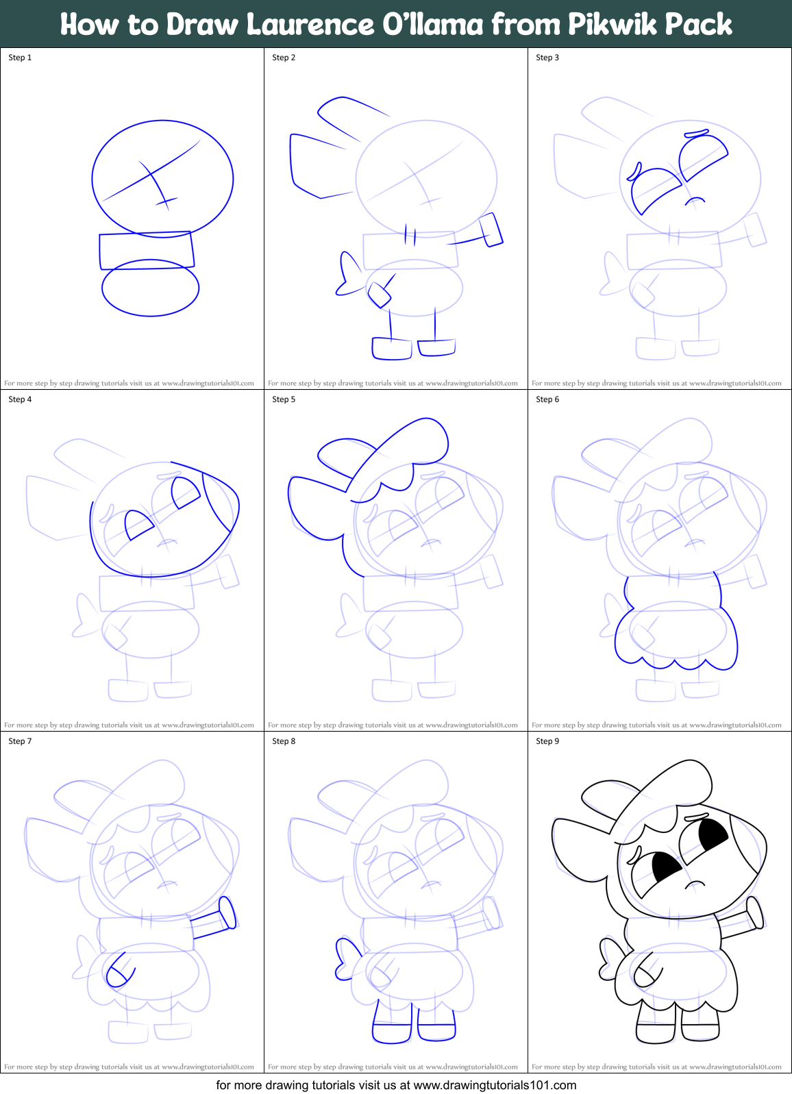 How to Draw Laurence O’llama from Pikwik Pack Printable Step by Step