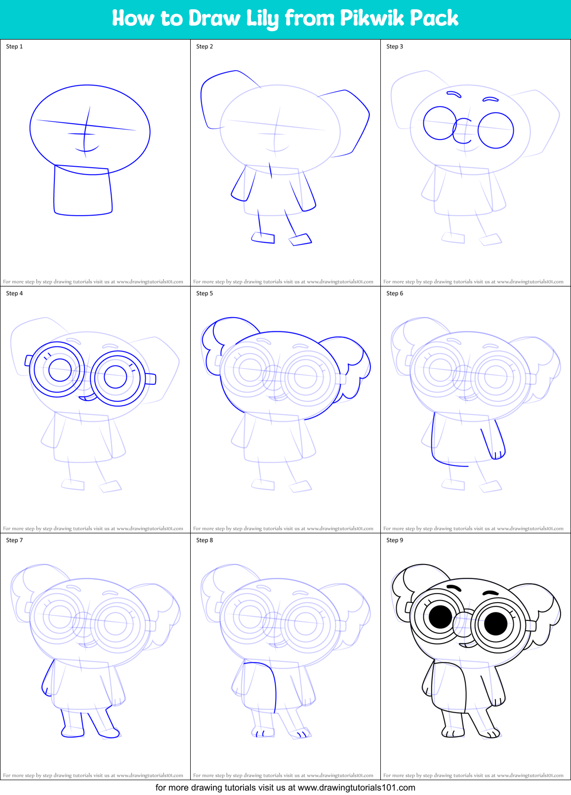 How to Draw Lily from Pikwik Pack Printable Step by Step