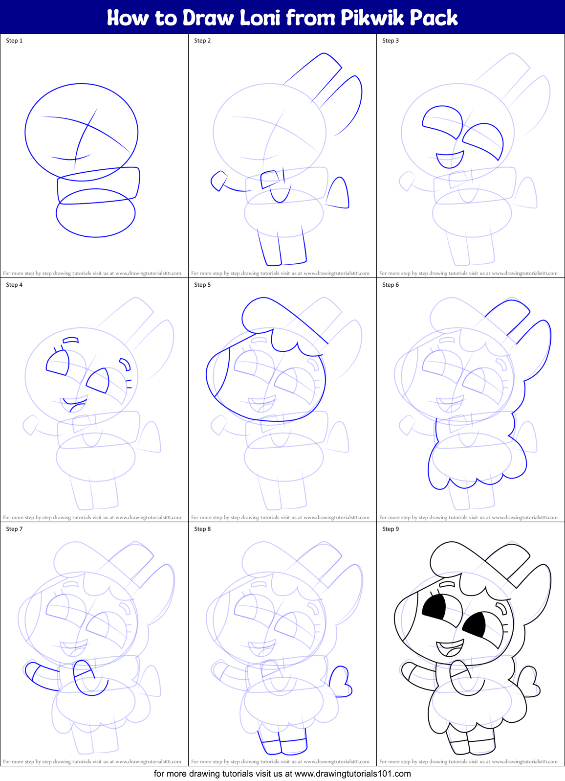 How to Draw Loni from Pikwik Pack Printable Step by Step