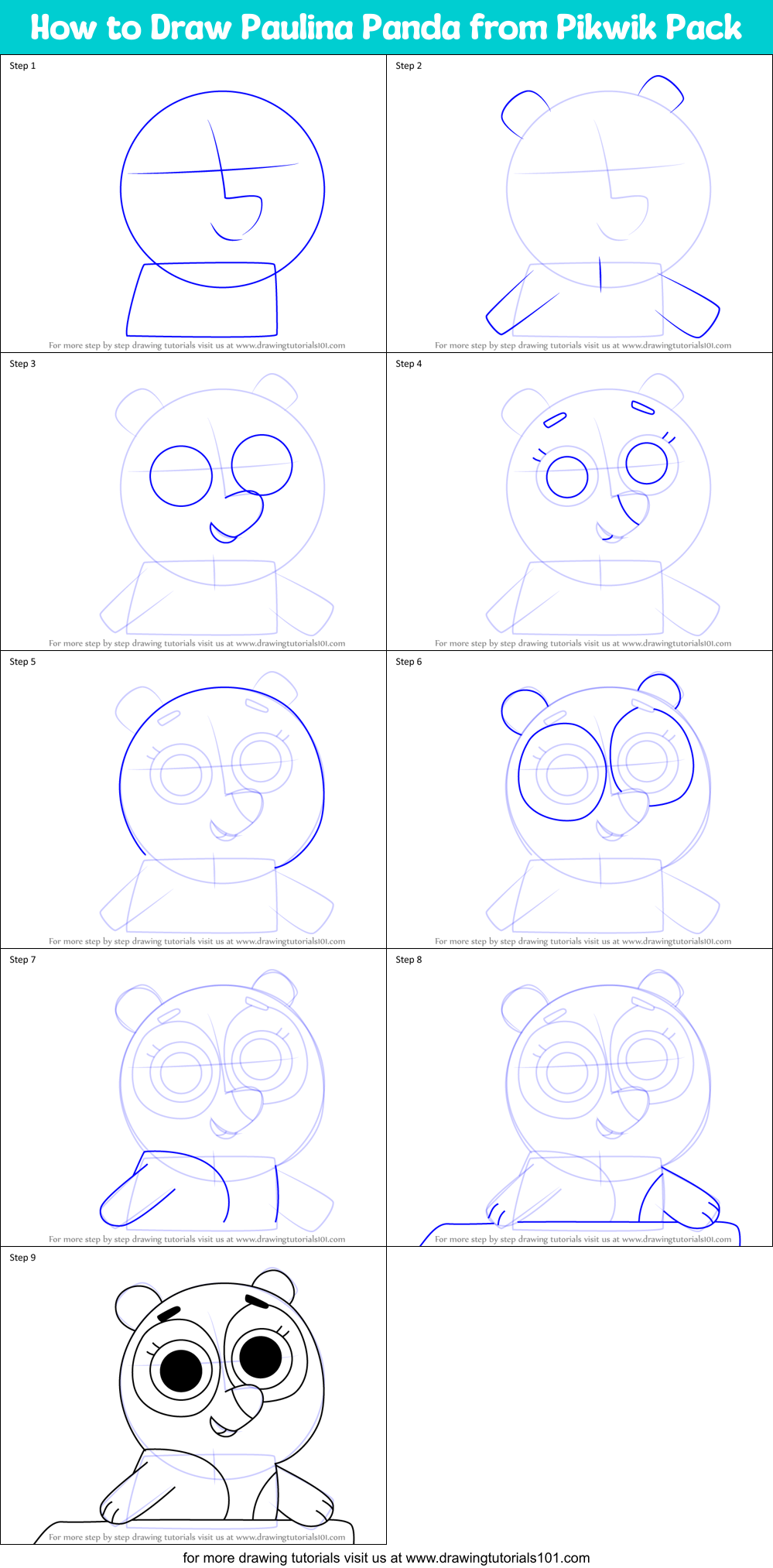 How to Draw Paulina Panda from Pikwik Pack Printable Step by Step