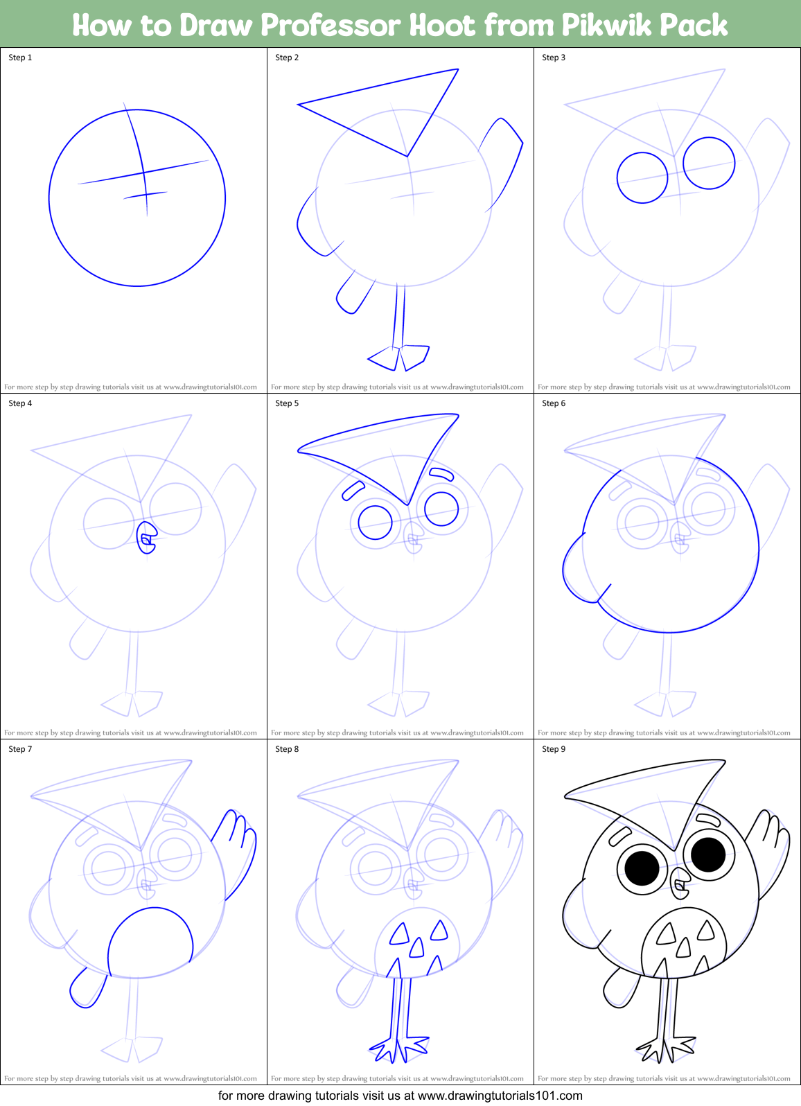 How to Draw Professor Hoot from Pikwik Pack Printable Step by Step