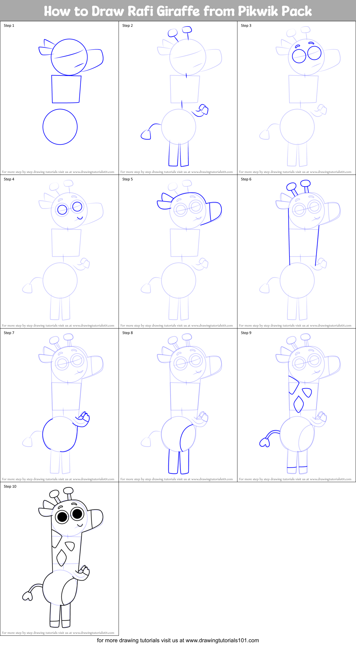 How to Draw Rafi Giraffe from Pikwik Pack Printable Step by Step