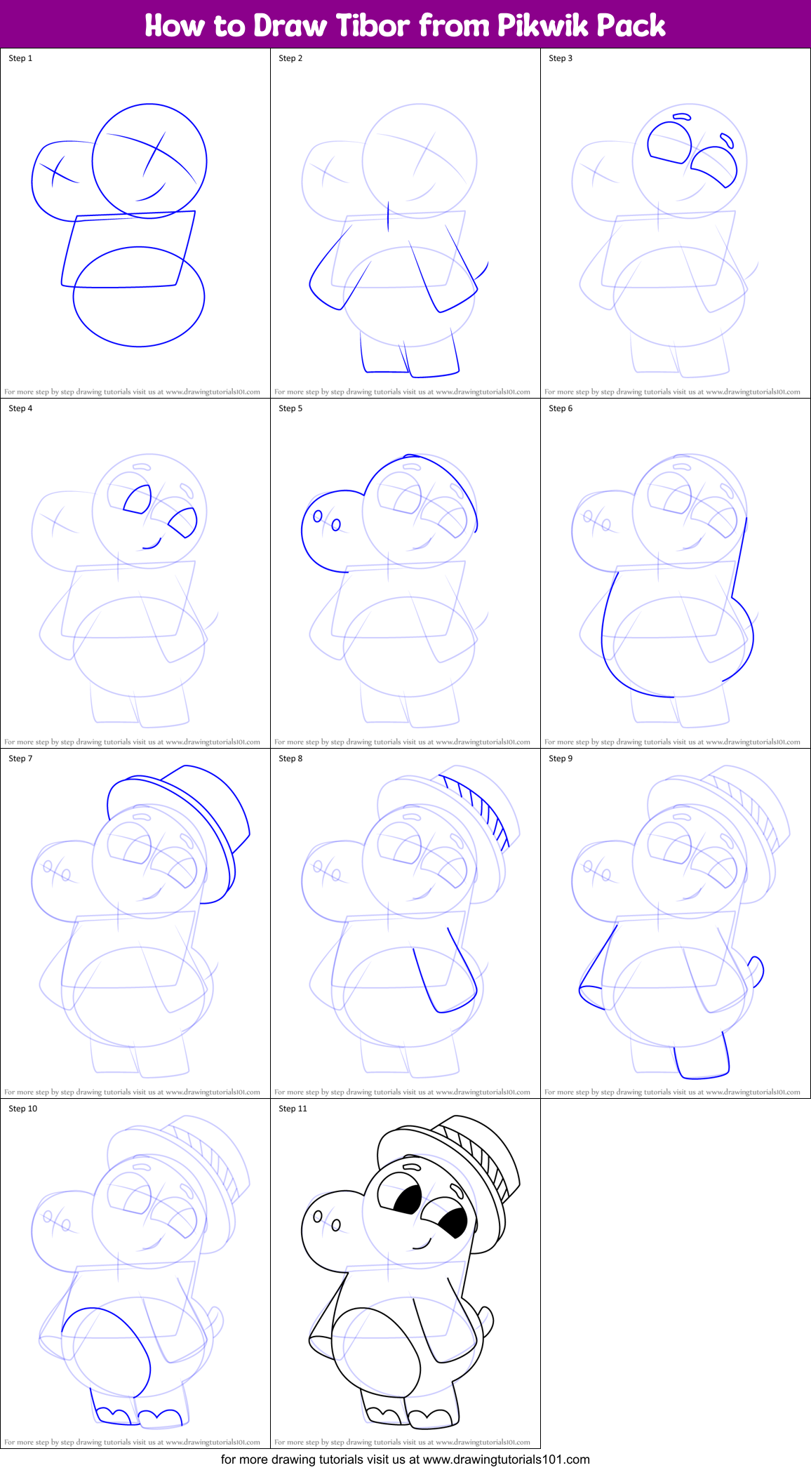 How to Draw Tibor from Pikwik Pack Printable Step by Step