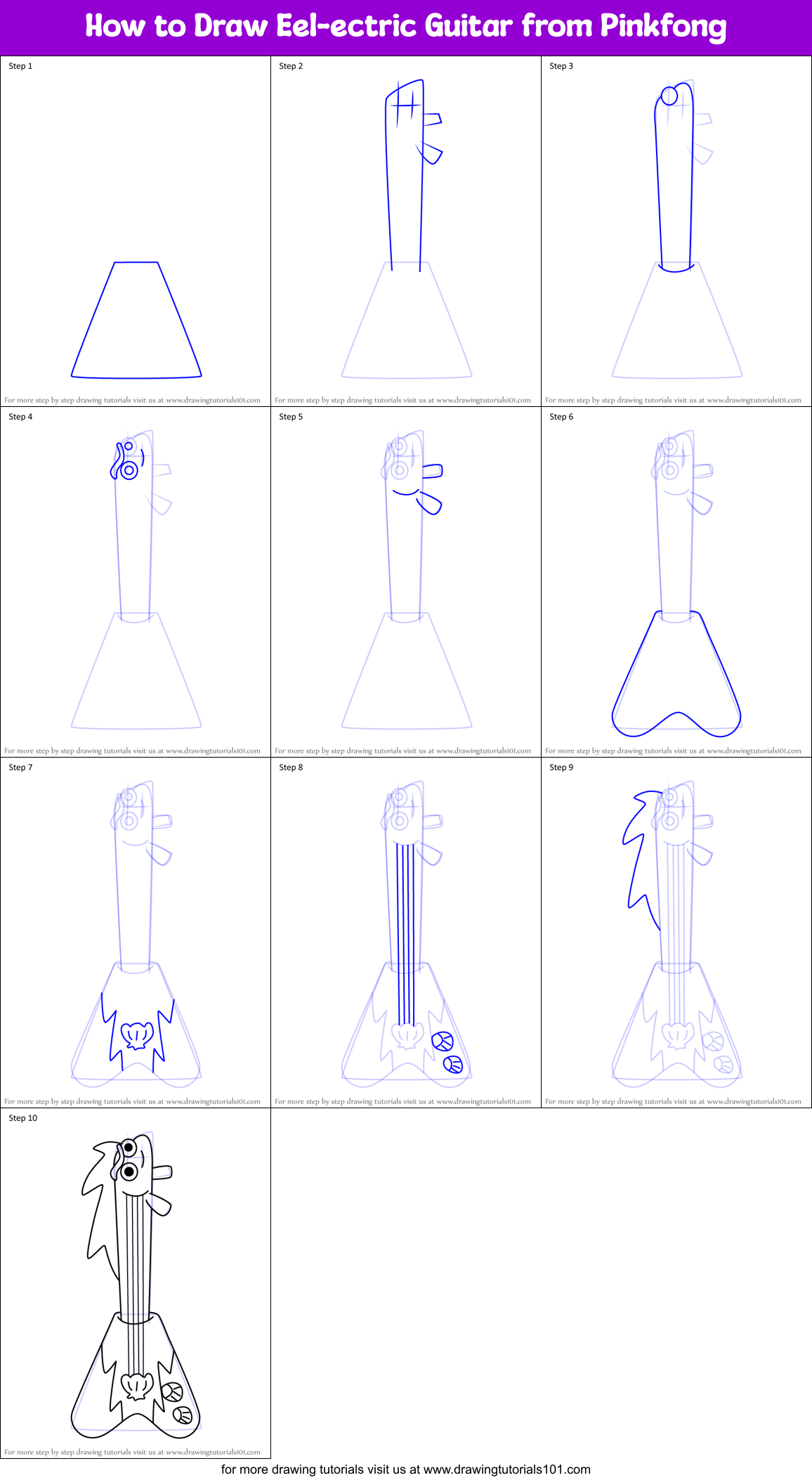 How to Draw Eel-ectric Guitar from Pinkfong Printable Step by Step
