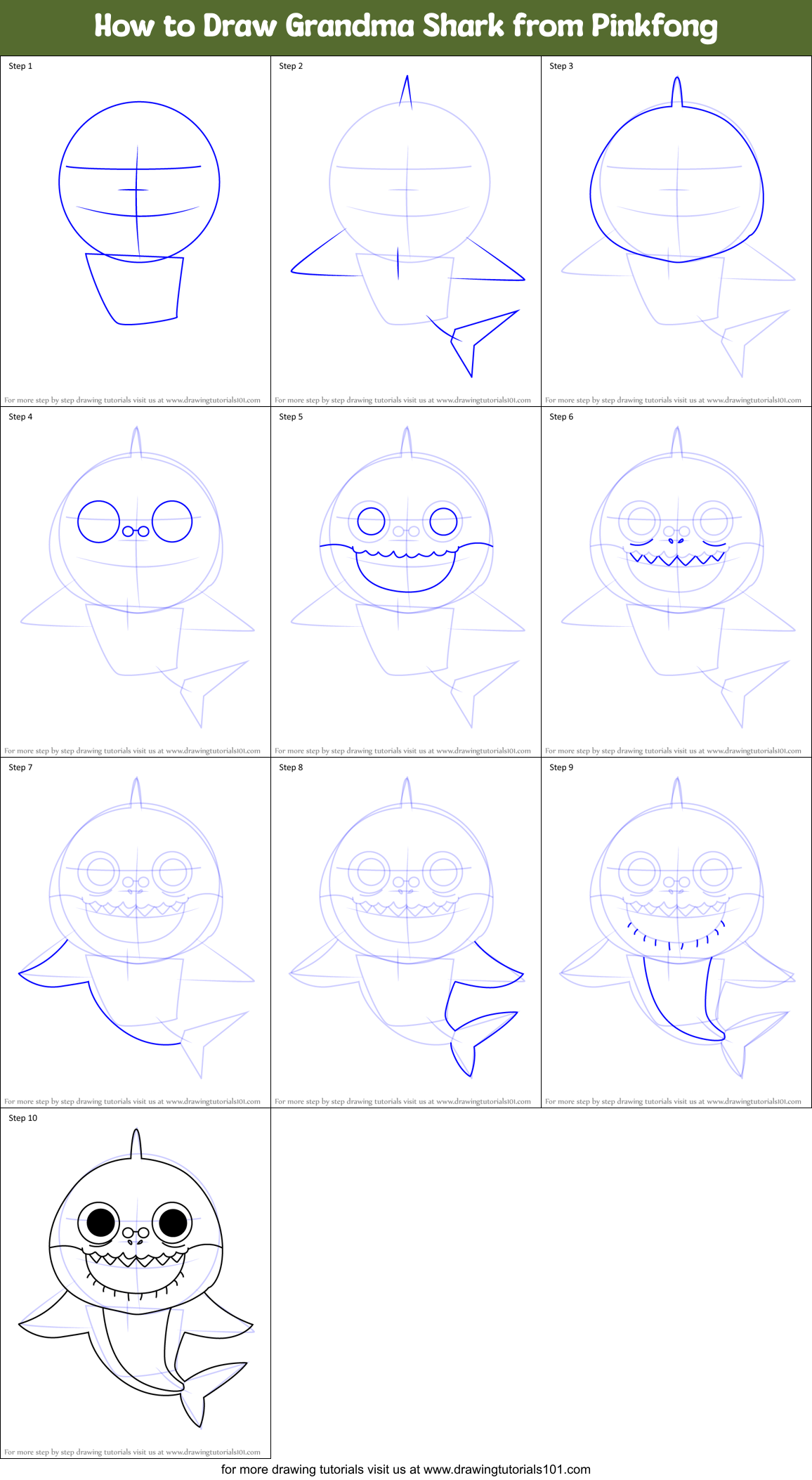How to Draw Grandma Shark from Pinkfong Printable Step by Step
