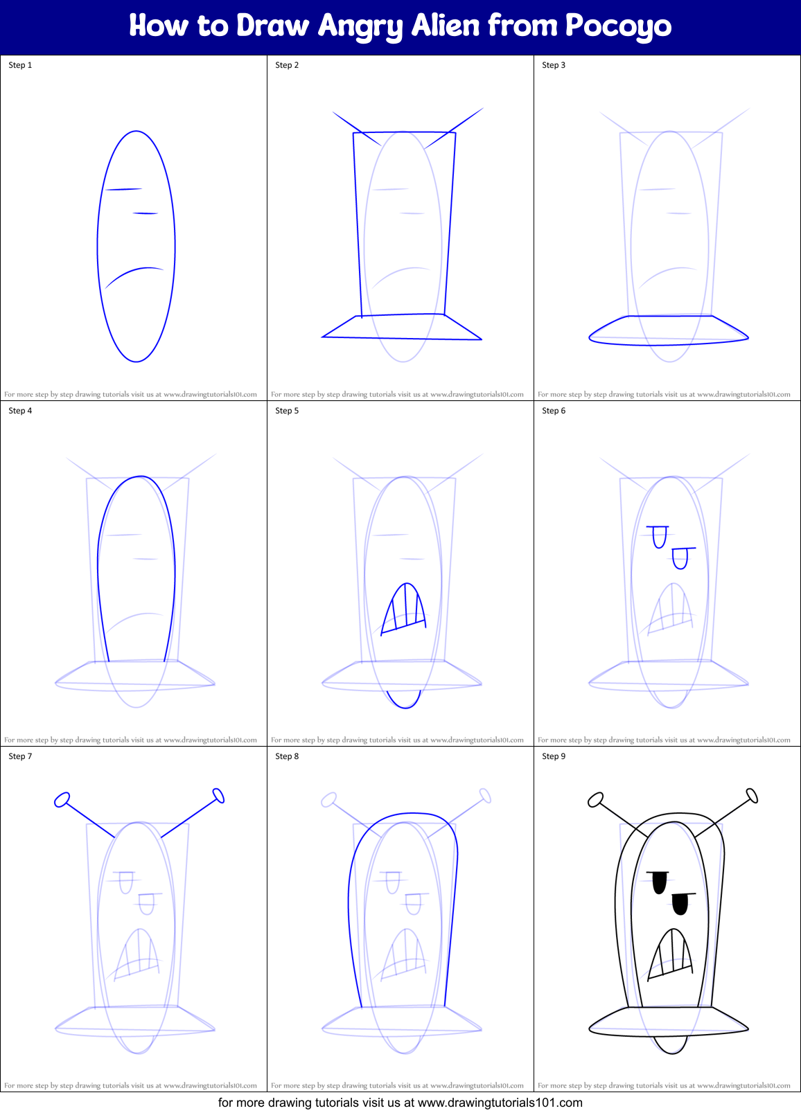 How to Draw Angry Alien from Pocoyo Printable Step by Step