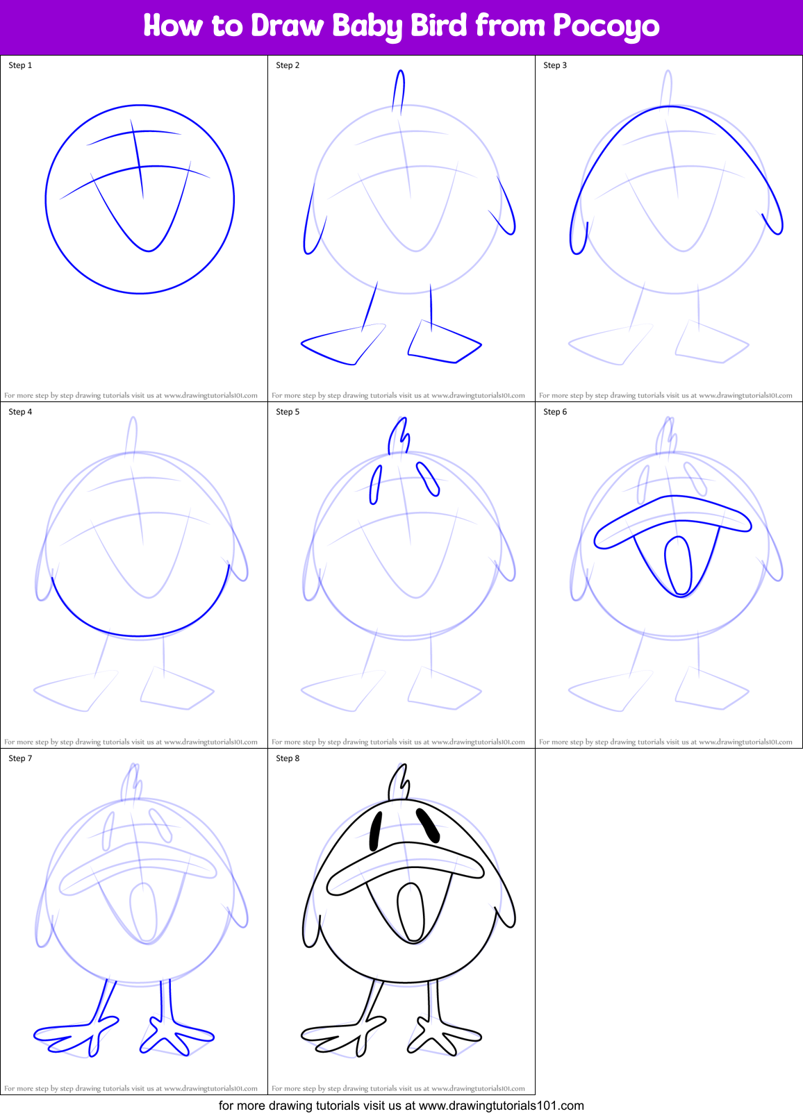 How to Draw Baby Bird from Pocoyo Printable Step by Step