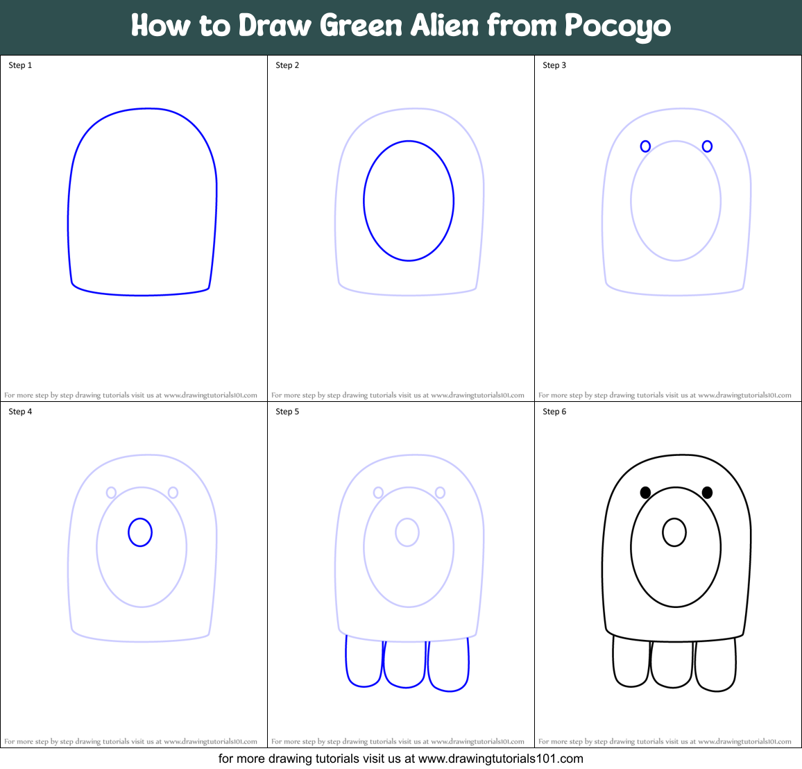 How to Draw Green Alien from Pocoyo Printable Step by Step