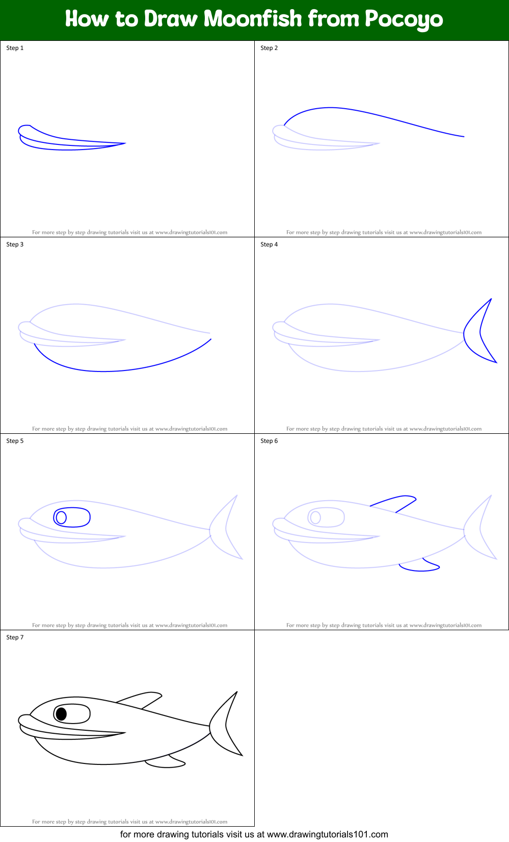 How to Draw Moonfish from Pocoyo Printable Step by Step
