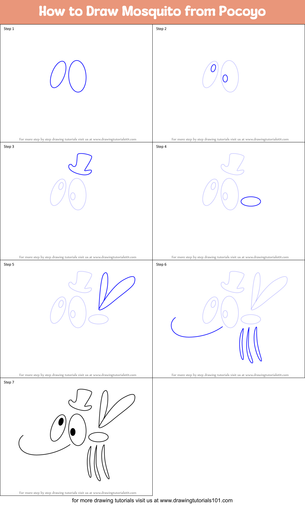 How to Draw Mosquito from Pocoyo Printable Step by Step