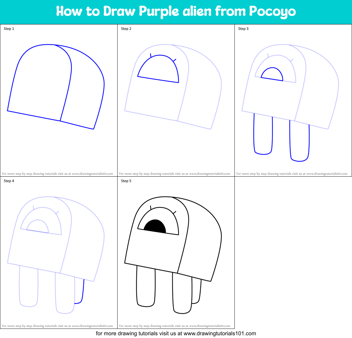 How to Draw Purple alien from Pocoyo Printable Step by Step