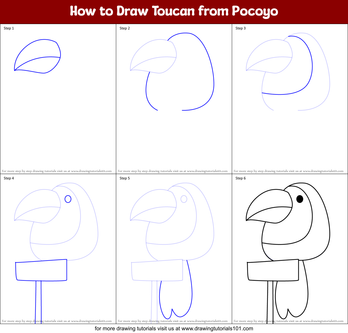 How to Draw Toucan from Pocoyo Printable Step by Step