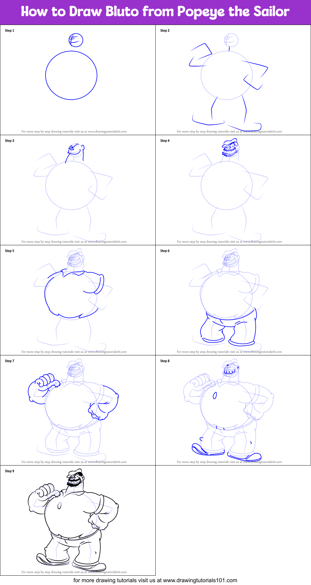 How to Draw Bluto from Popeye the Sailor printable step by step drawing