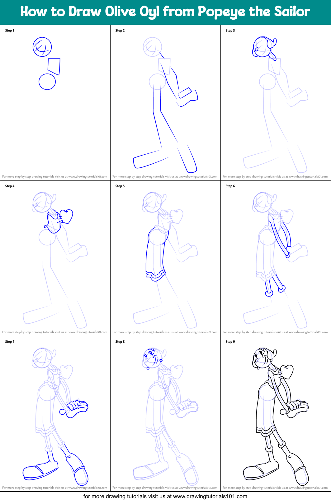 How to Draw Olive Oyl from Popeye the Sailor Printable Step by Step