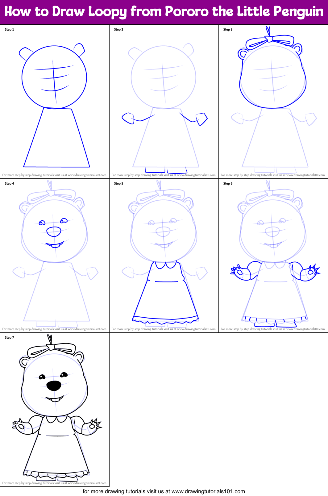 How to Draw Loopy from Pororo the Little Penguin Printable Step by Step