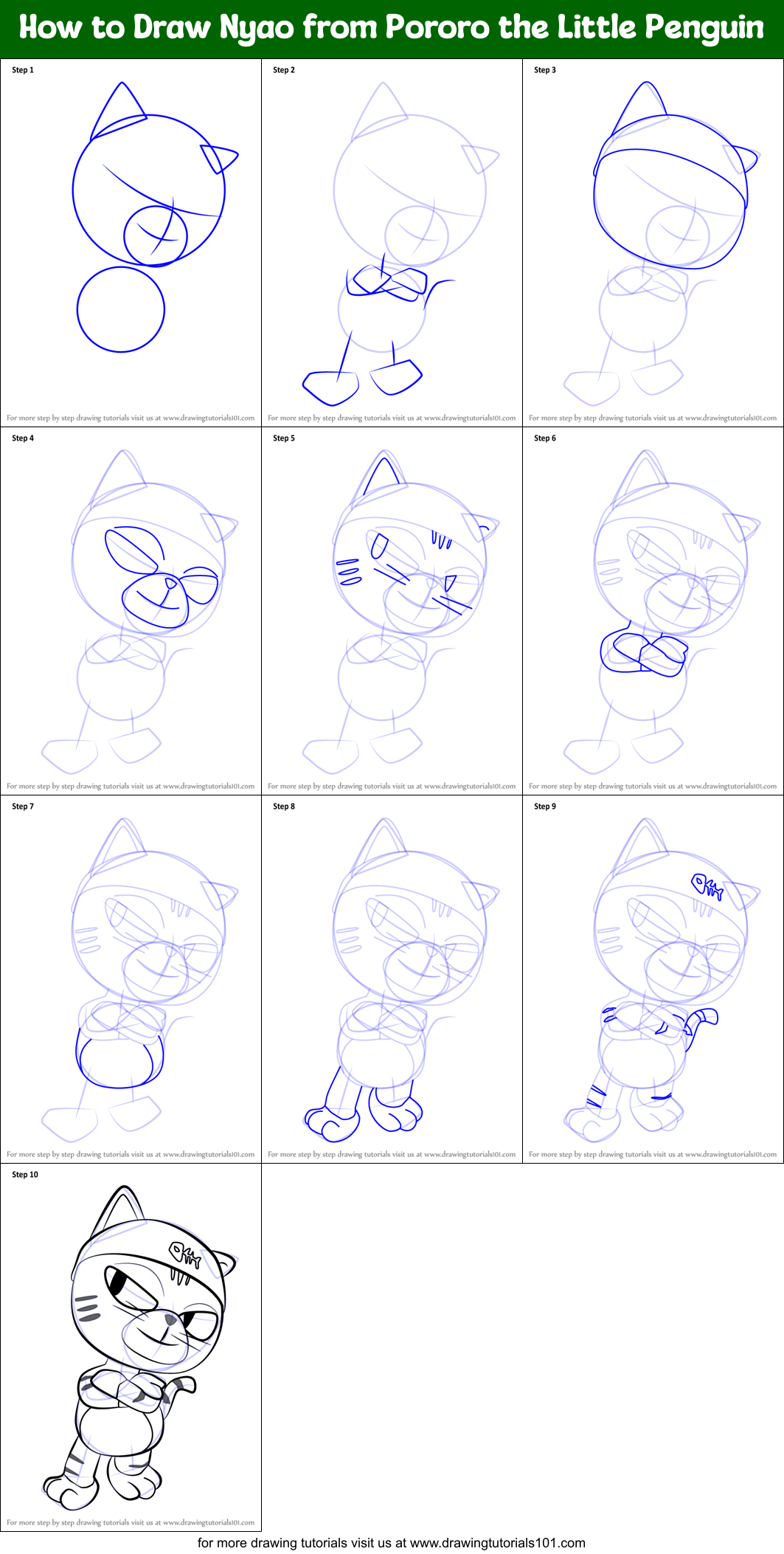 How to Draw Nyao from Pororo the Little Penguin Printable Step by Step