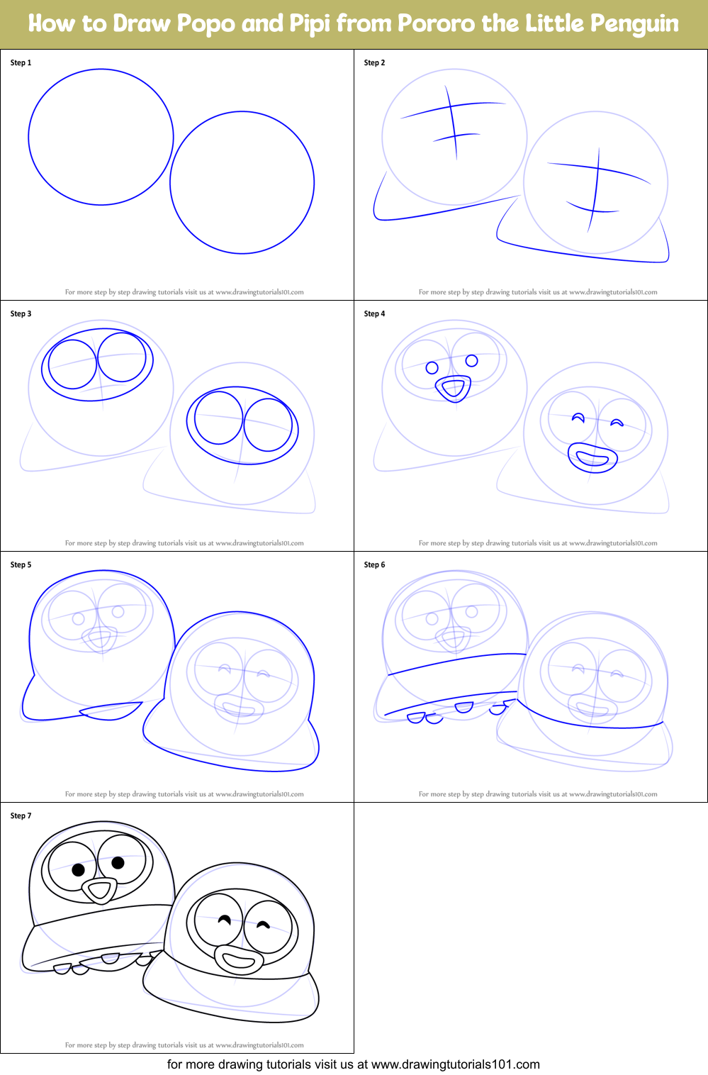 How to Draw Popo and Pipi from Pororo the Little Penguin Printable Step by Step