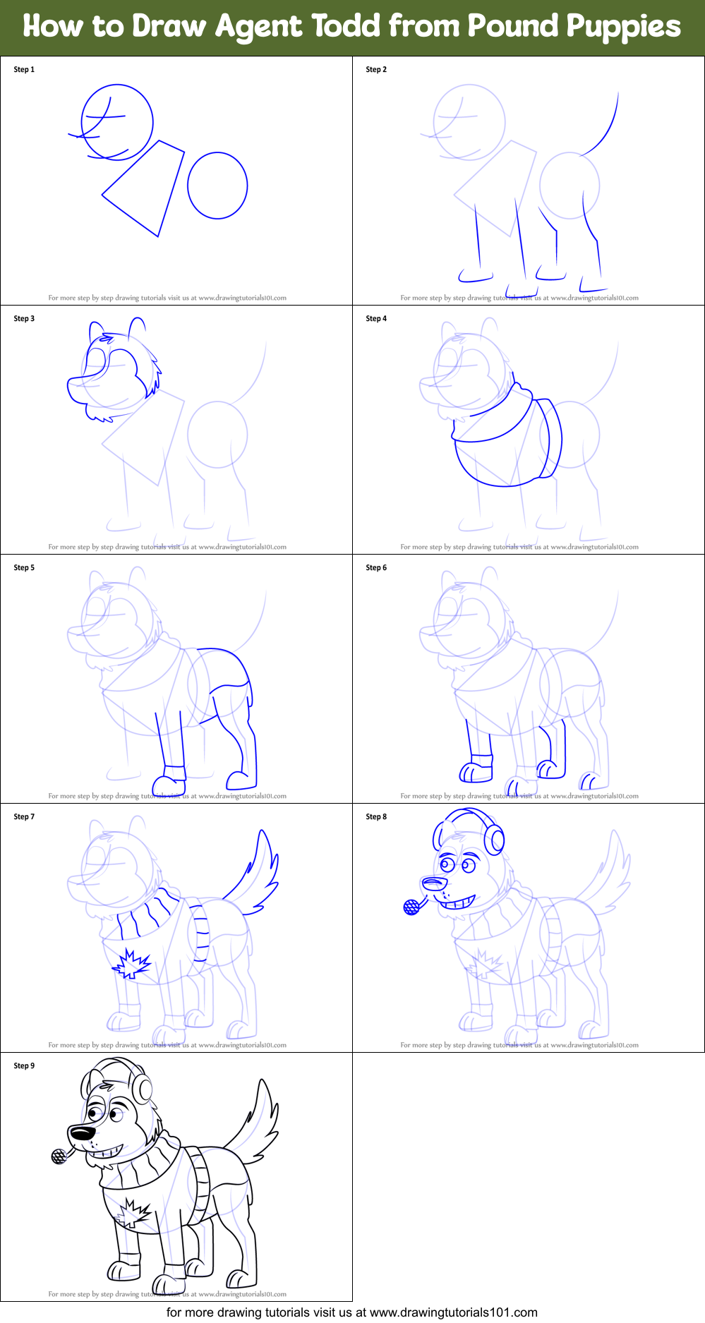 How to Draw Agent Todd from Pound Puppies Printable Step by Step