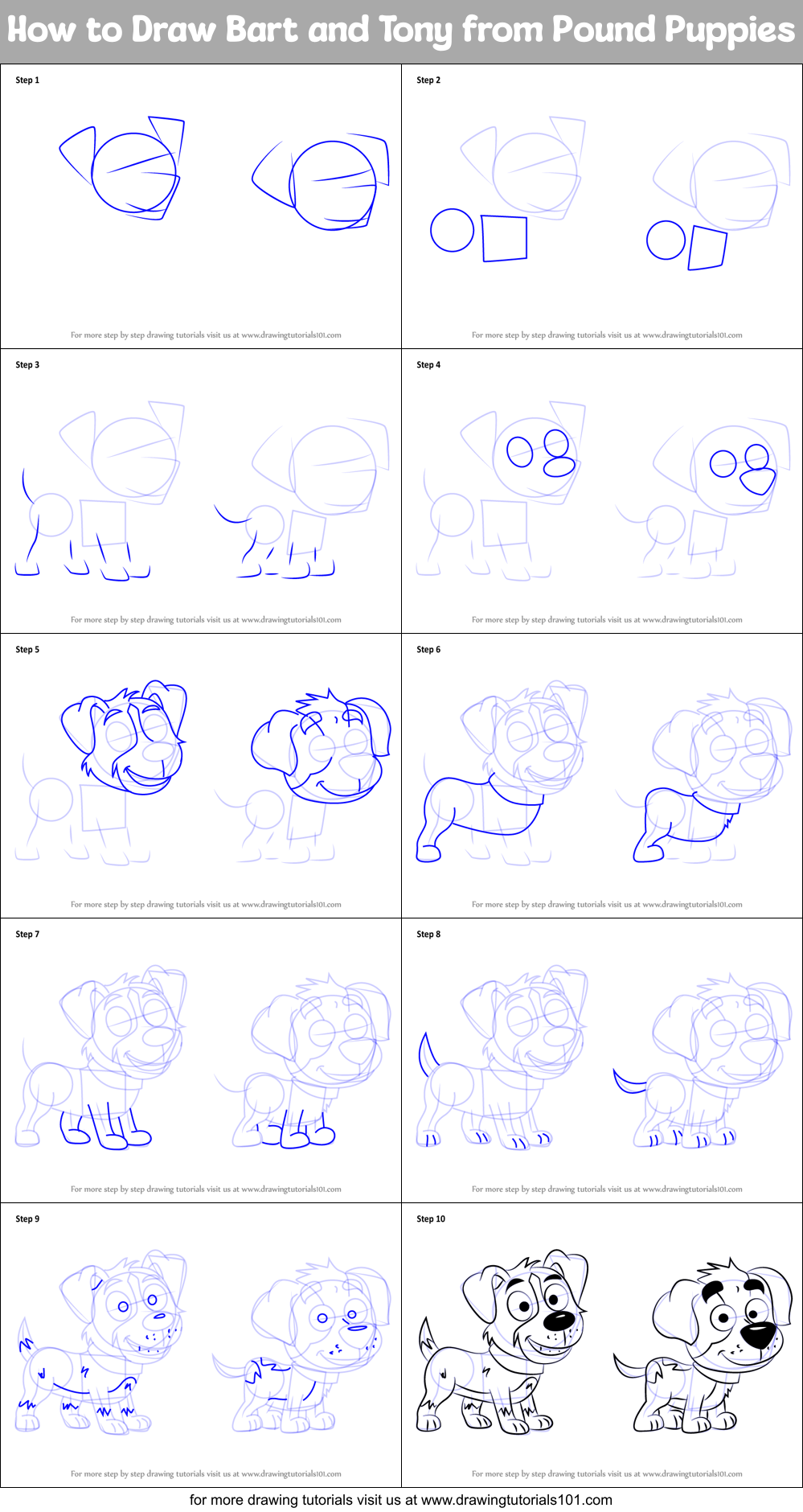 How to Draw Bart and Tony from Pound Puppies Printable Step by Step