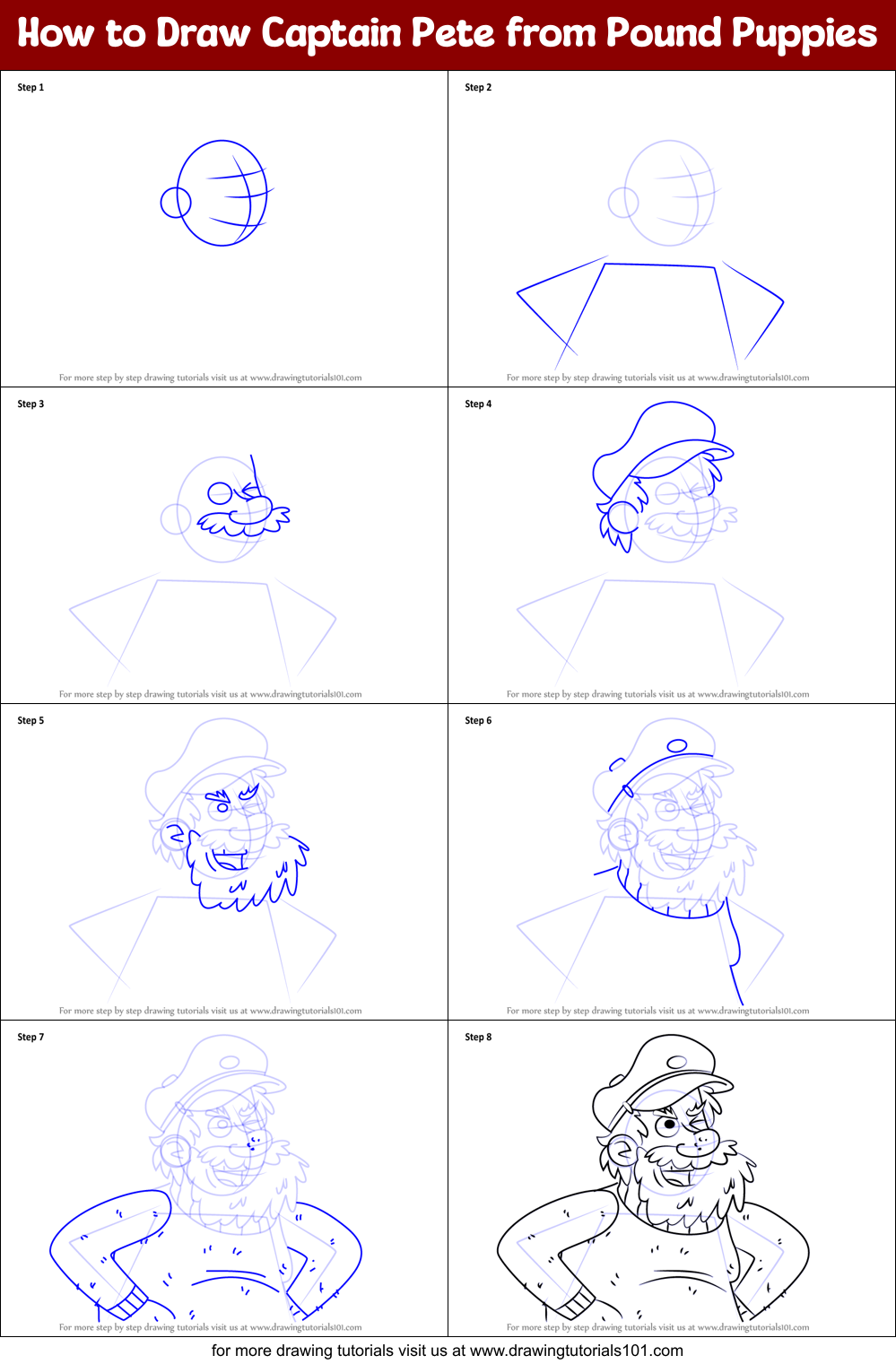 How to Draw Captain Pete from Pound Puppies Printable Step by Step