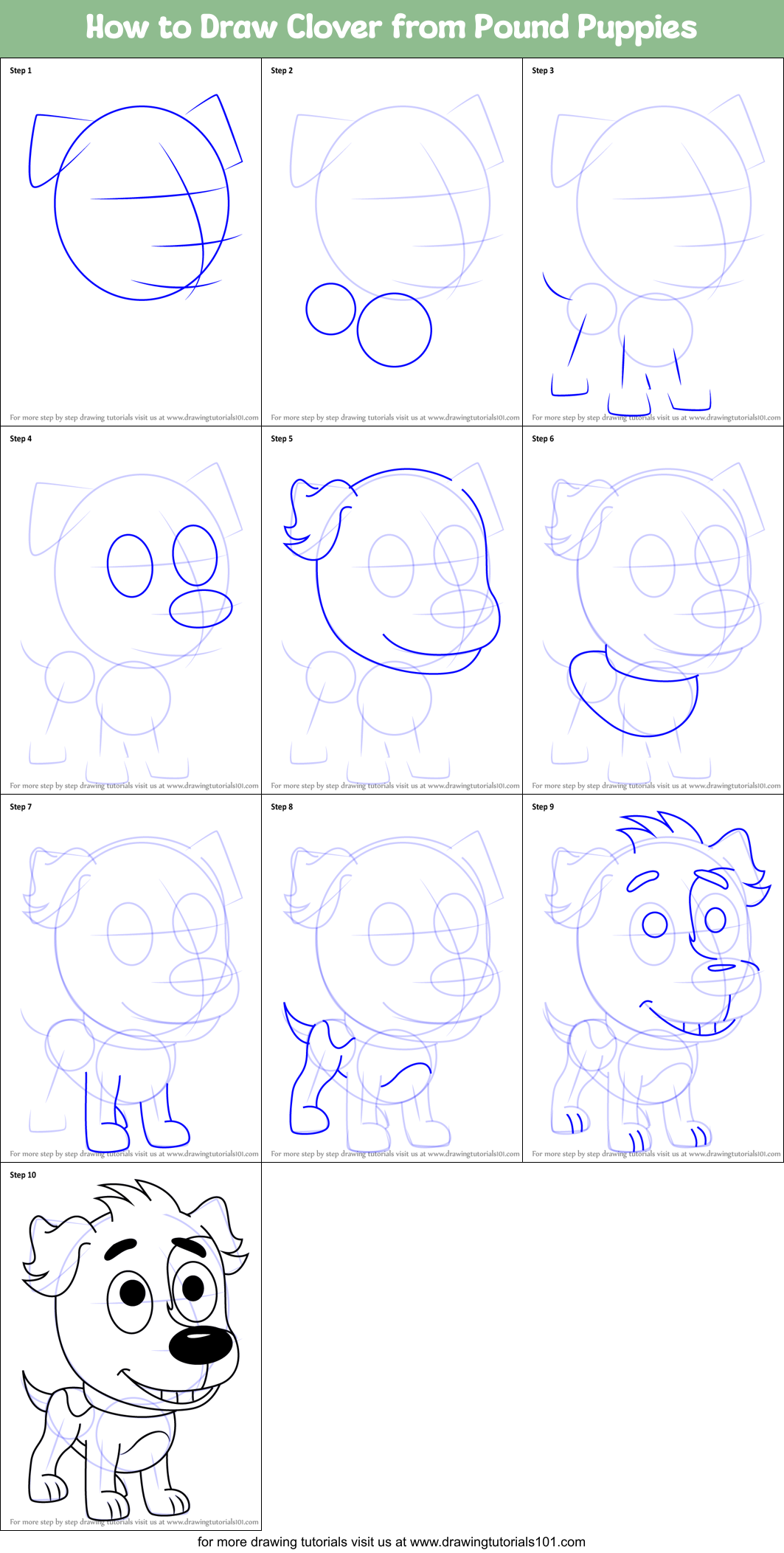 How to Draw Clover from Pound Puppies Printable Step by Step