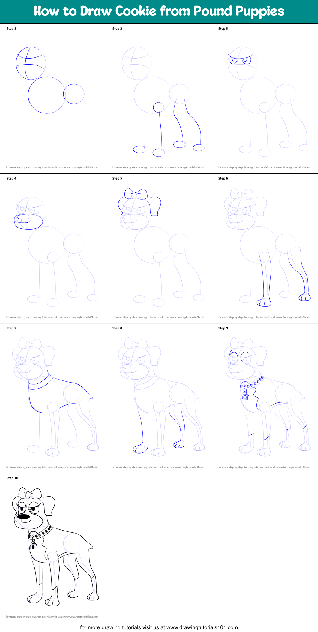 How to Draw Cookie from Pound Puppies Printable Step by Step