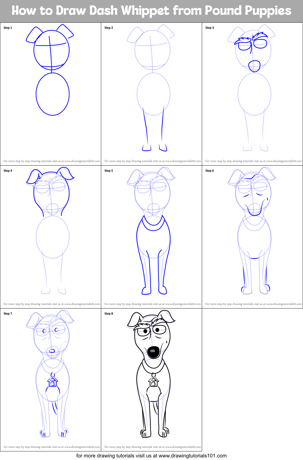 How to Draw Dash Whippet from Pound Puppies Printable Step by Step