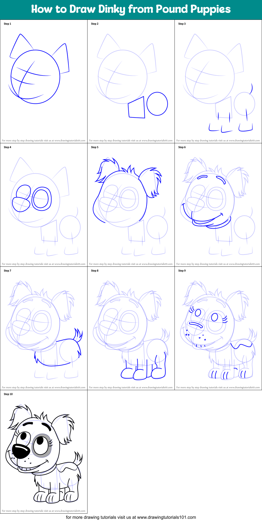 How to Draw Dinky from Pound Puppies Printable Step by Step