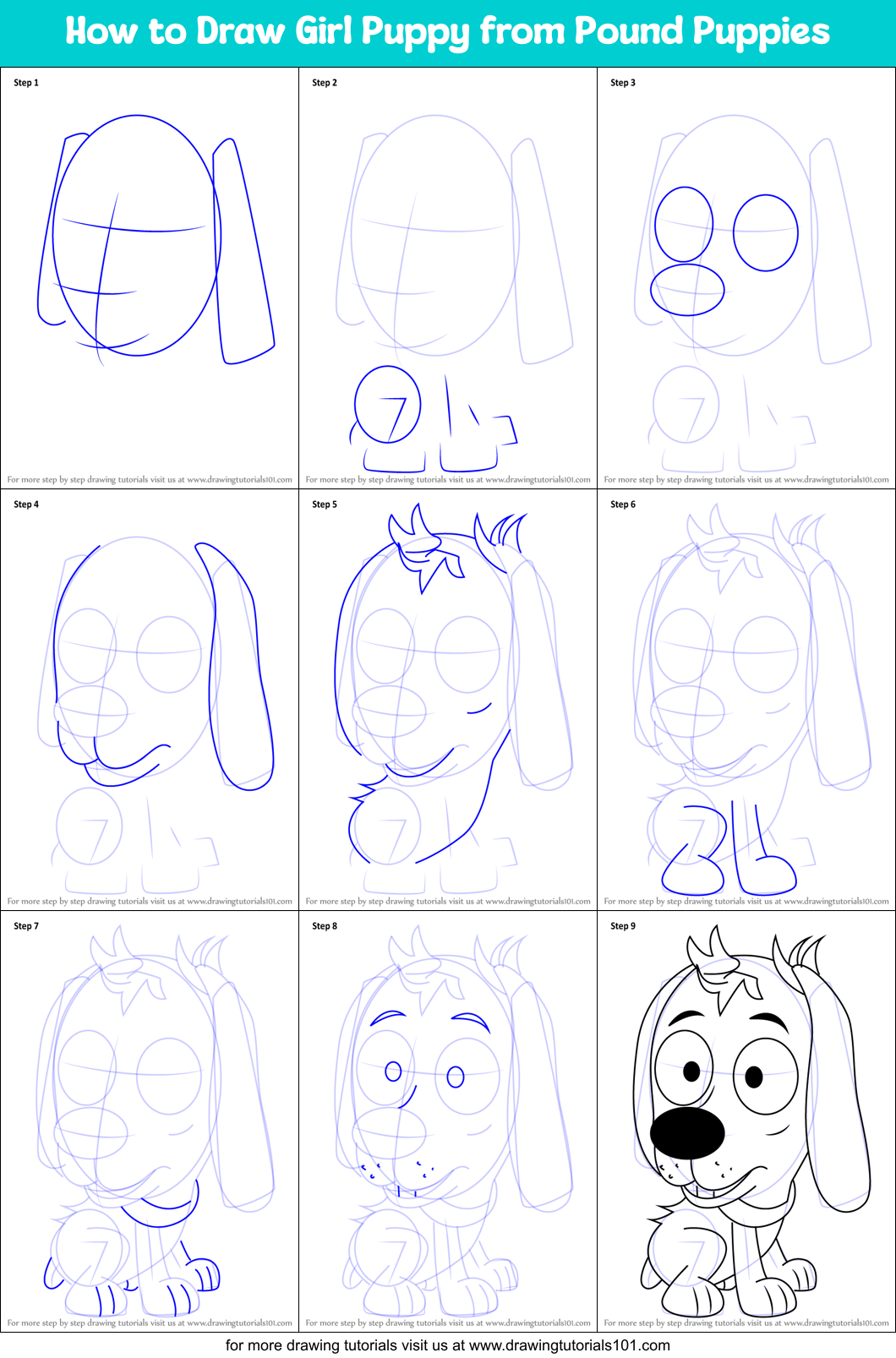 How to Draw Girl Puppy from Pound Puppies Printable Step by Step