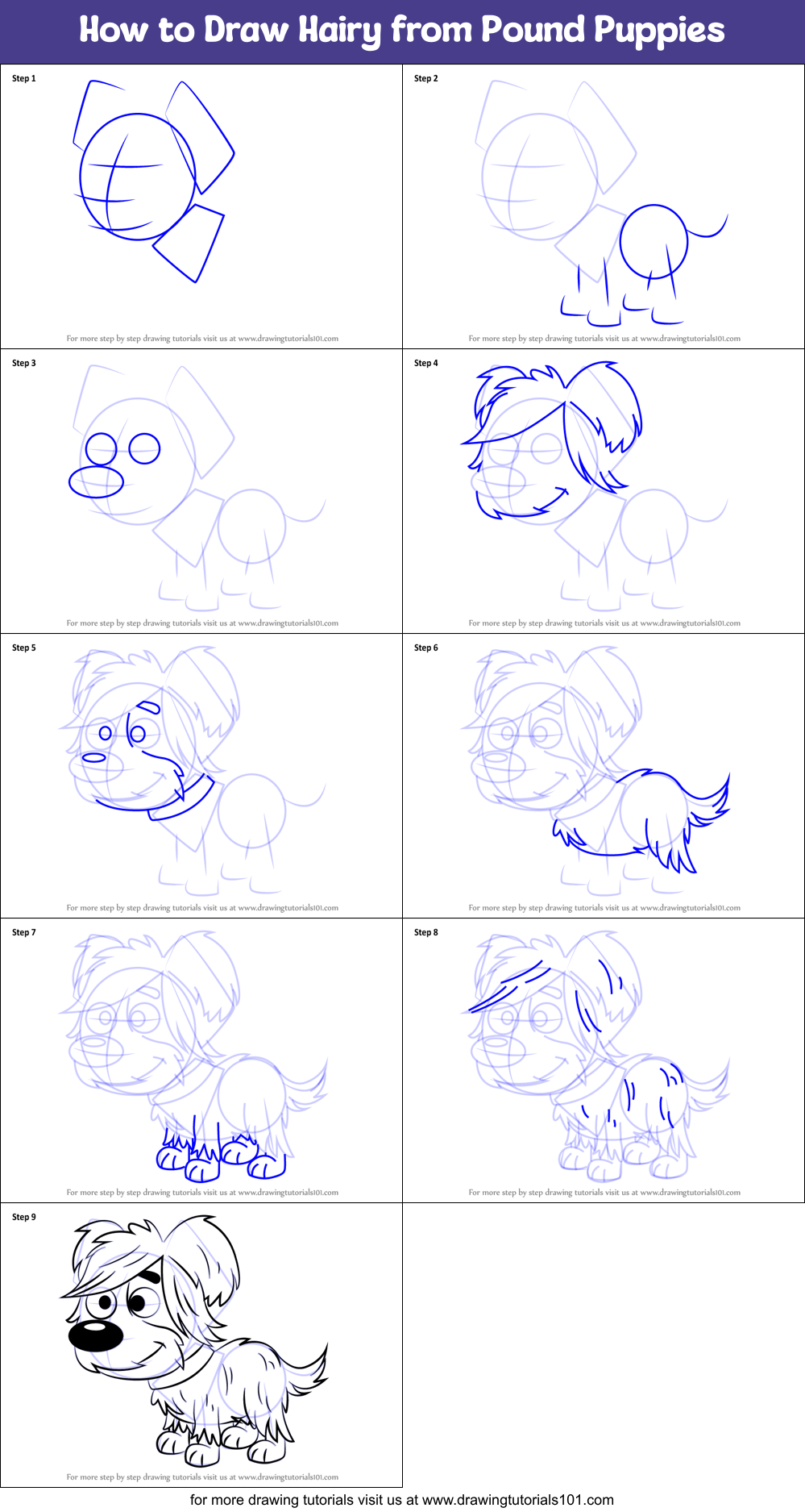 How to Draw Hairy from Pound Puppies Printable Step by Step